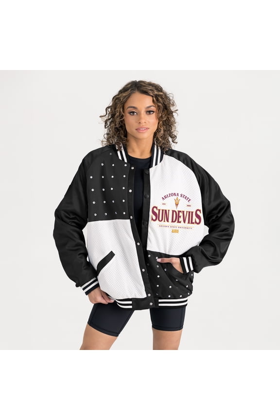 Women's Gameday Couture Black Arizona State Sun Devils Oversized Inner Drive Varsity Rhinestone Full-Snap Bomber Jacket
