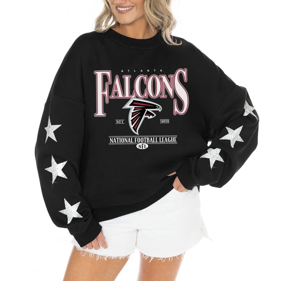 Women's Gameday Couture Black Atlanta Falcons Rhinestone Star Sleeve Settle the Score Oversized Tri-Blend Pullover