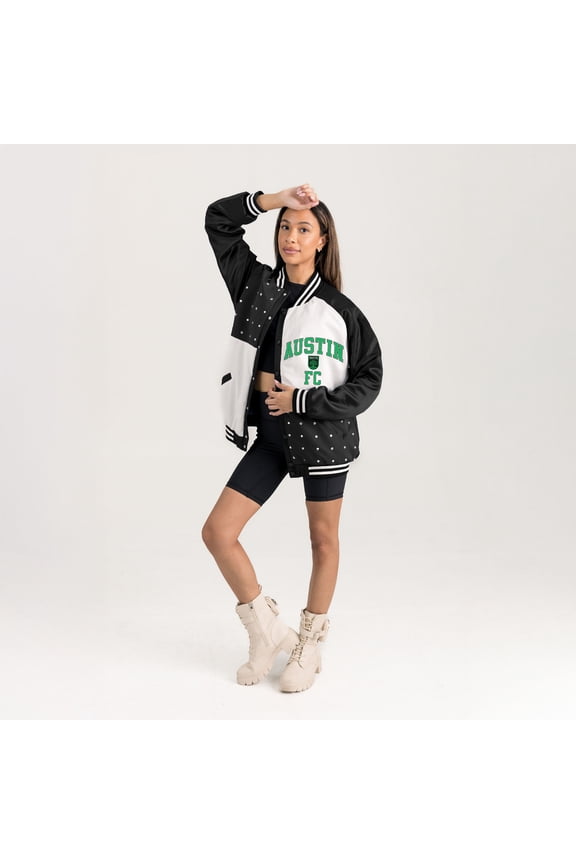 Women's Gameday Couture Black Austin FC Refined Rivalries Rhinestone Raglan Full-Snap Varsity Bomber Jacket