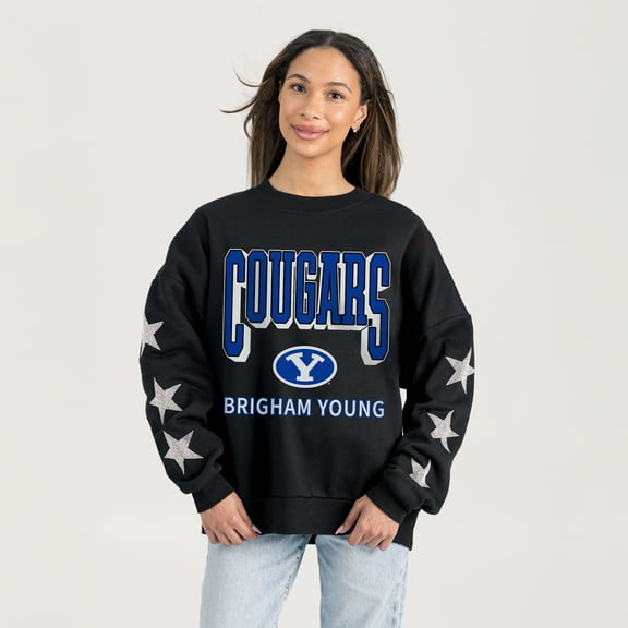 Women's Gameday Couture Black BYU Cougars Pure Victory Relaxed Rhinestone Pullover Sweatshirt