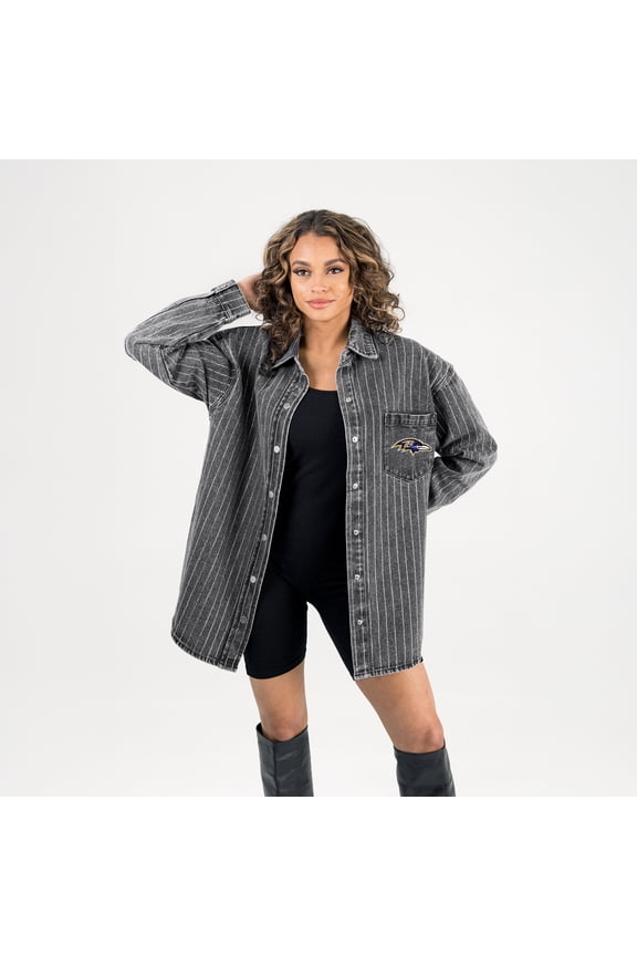 Women's Gameday Couture Black Baltimore Ravens Oversized Style's the Limit Micro-Rhinestone Stripe Washed Denim Button