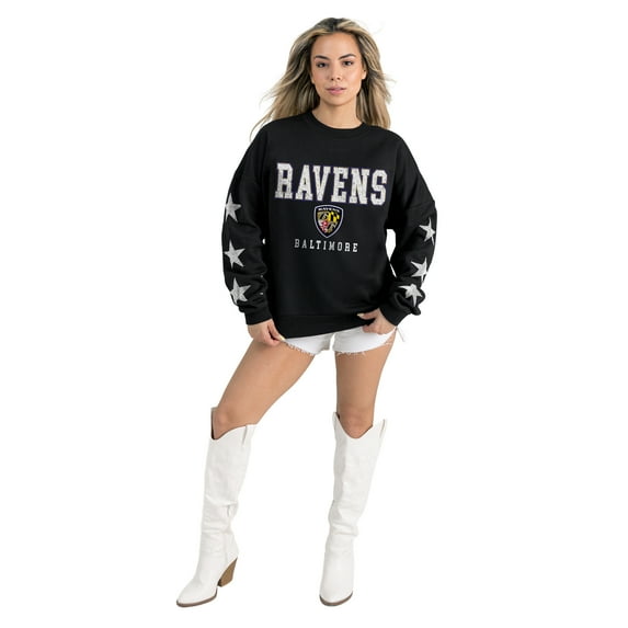 Women's Gameday Couture Black Baltimore Ravens Velocity Relaxed Rhinestone Pullover Sweatshirt