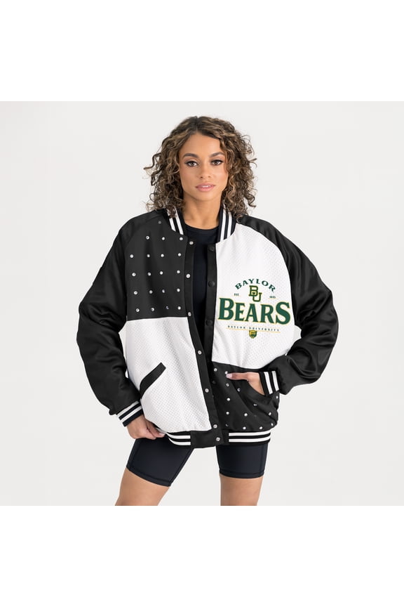 Women's Gameday Couture Black Baylor Bears Oversized Inner Drive Varsity Rhinestone Full-Snap Bomber Jacket
