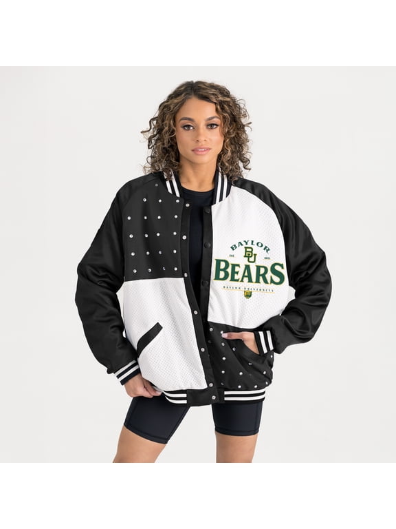 Women's Gameday Couture Black Baylor Bears Oversized Inner Drive Varsity Rhinestone Full-Snap Bomber Jacket