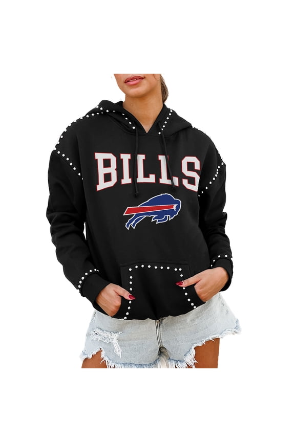 Women's Gameday Couture Black Buffalo Bills Oversized Catch the Vibe Studded Pullover Hoodie