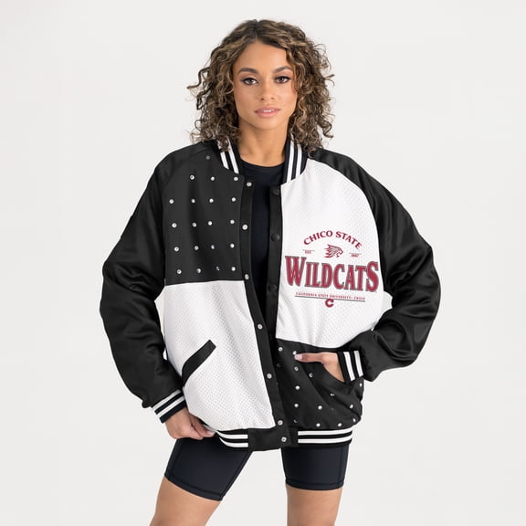 Women's Gameday Couture Black Cal State Chico Wildcats Oversized Inner Drive Varsity Rhinestone Full-Snap Bomber Jacket