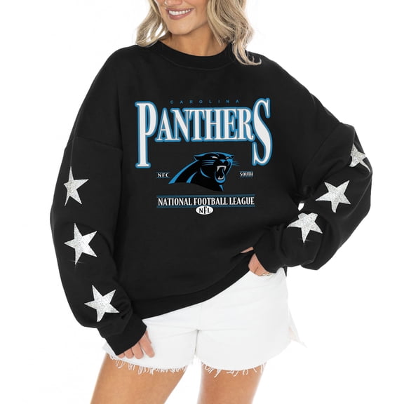 Women's Gameday Couture Black Carolina Panthers Rhinestone Star Sleeve Settle the Score Oversized Tri-Blend Pullover