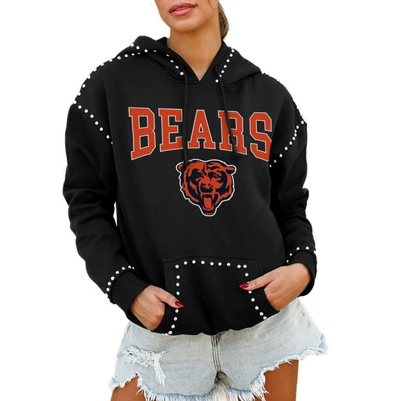Women's Gameday Couture Black Chicago Bears Oversized Catch the Vibe Studded Pullover Hoodie