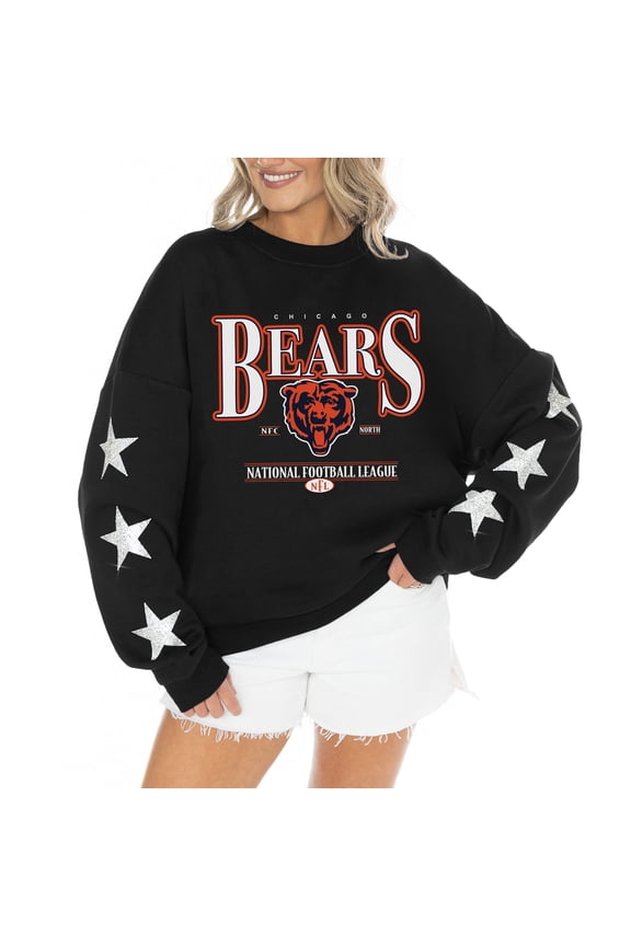 Women's Gameday Couture Black Chicago Bears Rhinestone Star Sleeve Settle the Score Oversized Tri-Blend Pullover