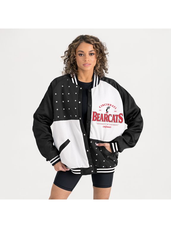 Women's Gameday Couture Black Cincinnati Bearcats Oversized Inner Drive Varsity Rhinestone Full-Snap Bomber Jacket