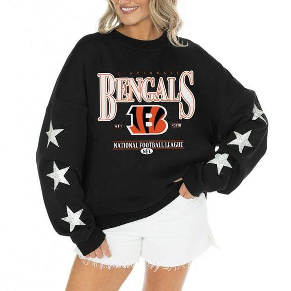 Women's Gameday Couture Black Cincinnati Bengals Rhinestone Star Sleeve Settle the Score Oversized Tri-Blend Pullover