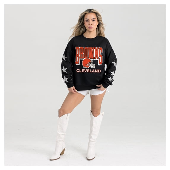 Women's Gameday Couture Black Cleveland Browns Pure Victory Rhinestud Star-Sleeve Pullover Sweatshirt