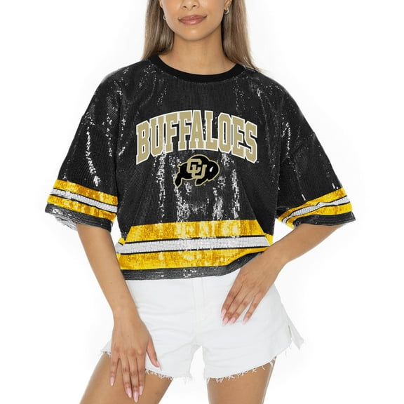 Women's Gameday Couture Black Colorado Buffaloes Sequin Striped Cropped Fashion Jersey T-Shirt