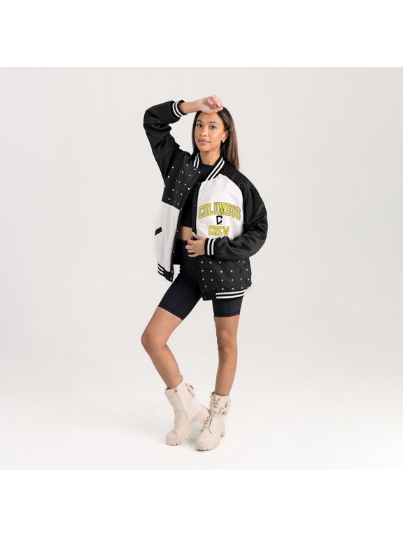 Women's Gameday Couture Black Columbus Crew Refined Rivalries Rhinestone Raglan Full-Snap Varsity Bomber Jacket