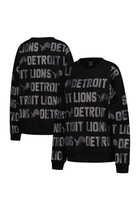 Women's Gameday Couture Black Detroit Lions Oversized Hype Era Rhinestone Text Sweatshirt