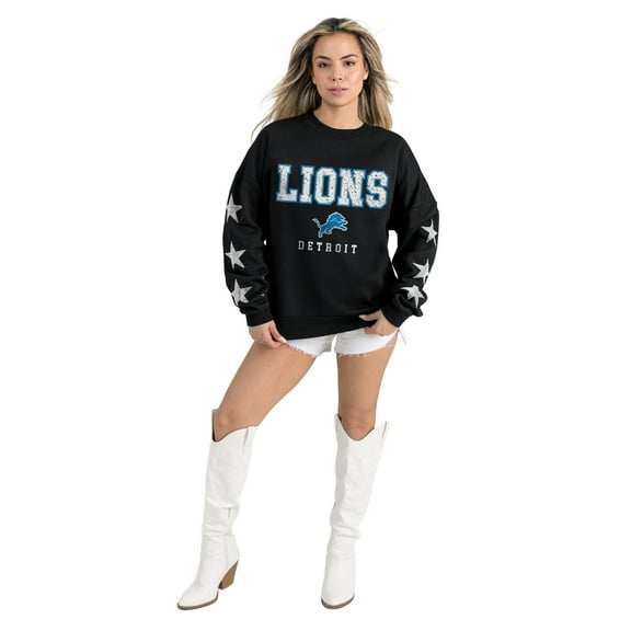 Women's Gameday Couture  Black Detroit Lions Velocity Relaxed Rhinestone Pullover Sweatshirt