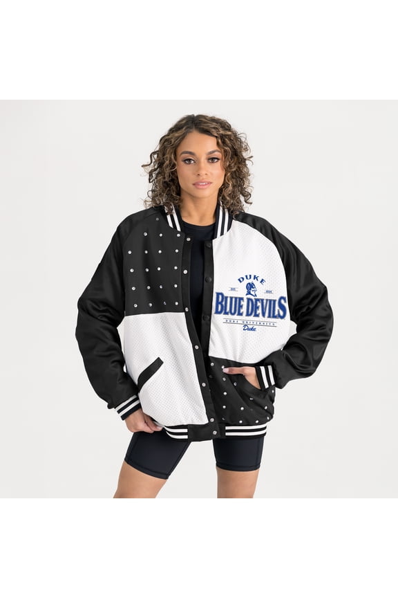 Women's Gameday Couture Black Duke Blue Devils Oversized Inner Drive Varsity Rhinestone Full-Snap Bomber Jacket
