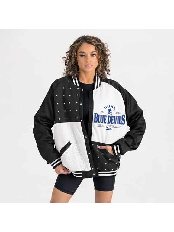 Women's Gameday Couture Black Duke Blue Devils Oversized Inner Drive Varsity Rhinestone Full-Snap Bomber Jacket