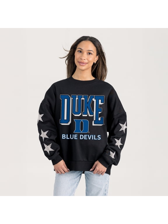 Women's Gameday Couture Black Duke Blue Devils Pure Victory Relaxed Rhinestone Pullover Sweatshirt
