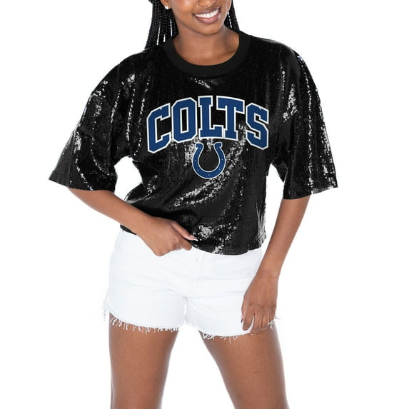 Women's Gameday Couture Black Indianapolis Colts Rise Up Sequin Cropped T-Shirt