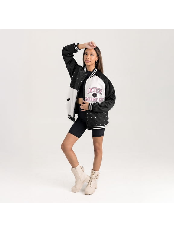 Women's Gameday Couture Black Inter Miami CF Refined Rivalries Rhinestone Raglan Full-Snap Varsity Bomber Jacket