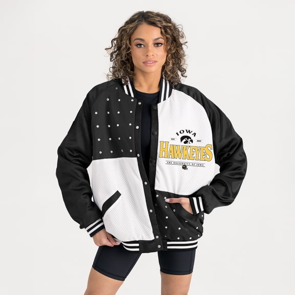 Women's Gameday Couture Black Iowa Hawkeyes Oversized Inner Drive Varsity Rhinestone Full-Snap Bomber Jacket
