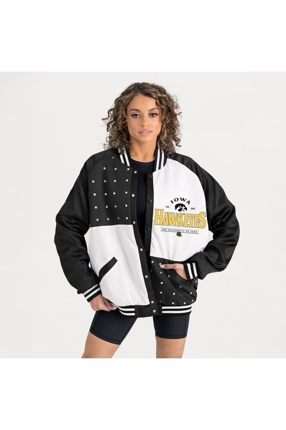 Women's Gameday Couture Black Iowa Hawkeyes Oversized Inner Drive Varsity Rhinestone Full-Snap Bomber Jacket