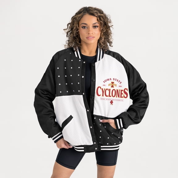 Women's Gameday Couture Black Iowa State Cyclones Oversized Inner Drive Varsity Rhinestone Full-Snap Bomber Jacket