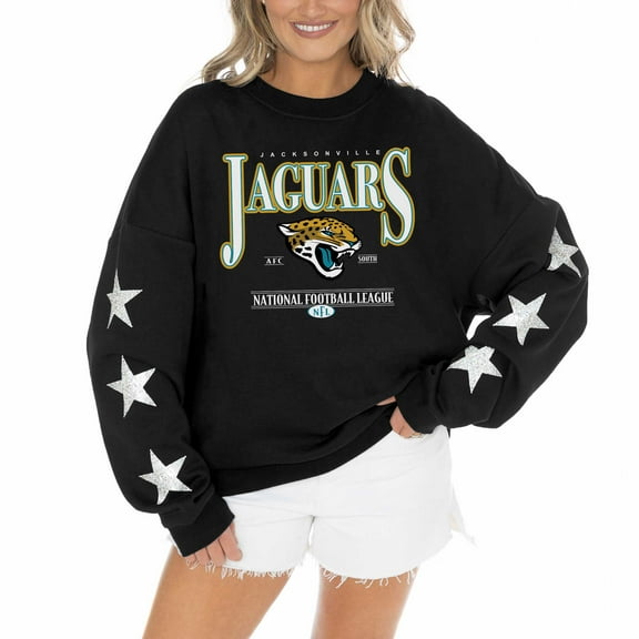Women's Gameday Couture Black Jacksonville Jaguars Rhinestone Star Sleeve Settle the Score Oversized Pullover Sweatshirt