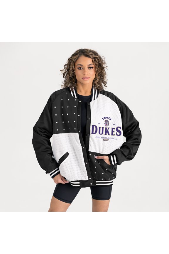 Women's Gameday Couture Black James Madison Dukes Oversized Inner Drive Varsity Rhinestone Full-Snap Bomber Jacket