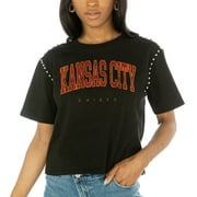 Women's Gameday Couture  Black Kansas City Chiefs Elite Elegance Studded Sleeve Cropped T-Shirt