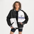 thumbnail image 1 of Women's Gameday Couture Black Kansas Jayhawks Oversized Inner Drive Varsity Rhinestone Full-Snap Bomber Jacket, 1 of 5