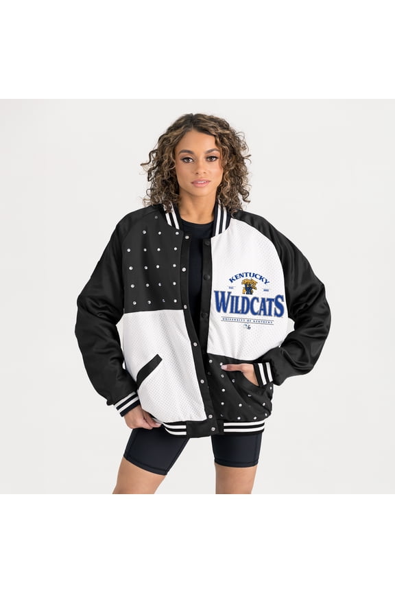 Women's Gameday Couture Black Kentucky Wildcats Oversized Inner Drive Varsity Rhinestone Full-Snap Bomber Jacket