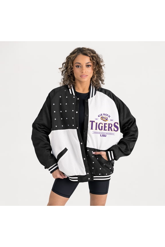 Women's Gameday Couture Black LSU Tigers Oversized Inner Drive Varsity Rhinestone Full-Snap Bomber Jacket