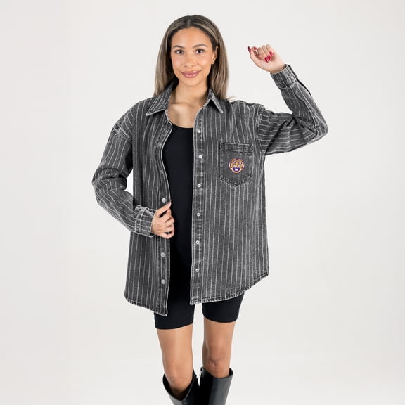 Women's Gameday Couture Black LSU Tigers Oversized Style's the Limit Micro-Rhinestone Stripe Washed Denim Button Up