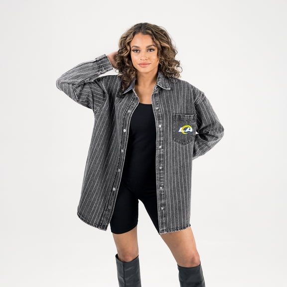 Women's Gameday Couture Black Los Angeles Rams Oversized Style's the Limit Micro-Rhinestone Stripe Washed Denim Button