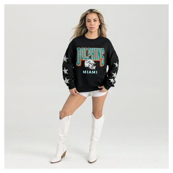 Women's Gameday Couture Black Miami Dolphins Pure Victory Rhinestud Star-Sleeve Pullover Sweatshirt