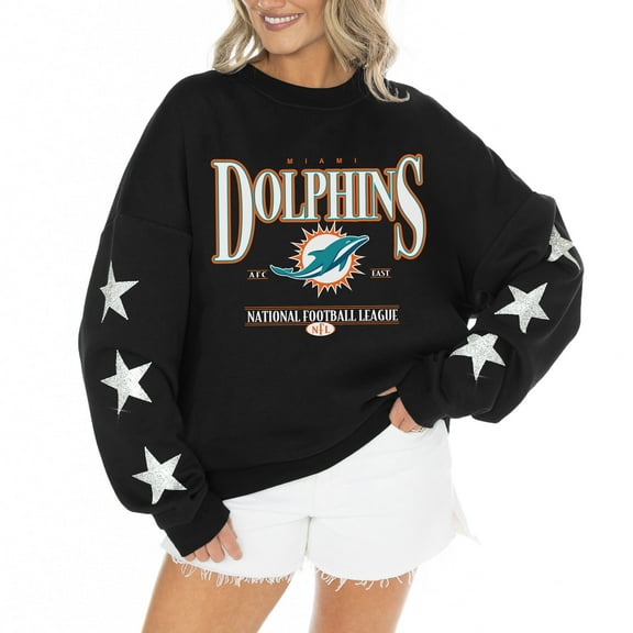Women's Gameday Couture Black Miami Dolphins Rhinestone Star Sleeve Settle the Score Oversized Tri-Blend Pullover