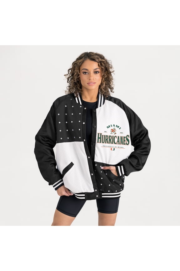 Women's Gameday Couture Black Miami Hurricanes Oversized Inner Drive Varsity Rhinestone Full-Snap Bomber Jacket