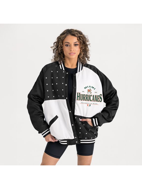 Women's Gameday Couture Black Miami Hurricanes Oversized Inner Drive Varsity Rhinestone Full-Snap Bomber Jacket