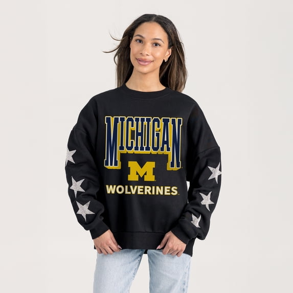 Women's Gameday Couture Black Michigan Wolverines Pure Victory Relaxed Rhinestone Pullover Sweatshirt