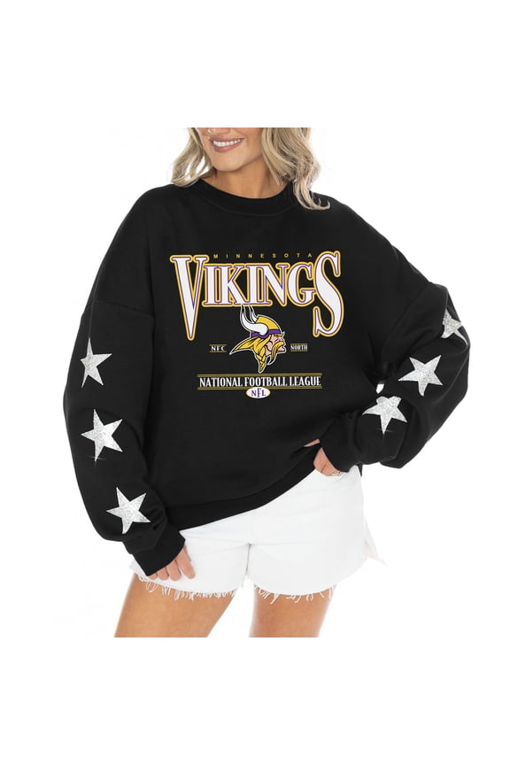 Women's Gameday Couture Black Minnesota Vikings Rhinestone Star Sleeve Settle the Score Oversized Tri-Blend Pullover