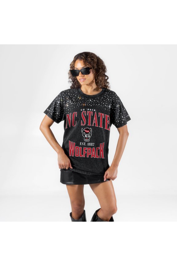 Women's Gameday Couture Black NC State Wolfpack In the Zone Washed Micro Rhinestone T-Shirt
