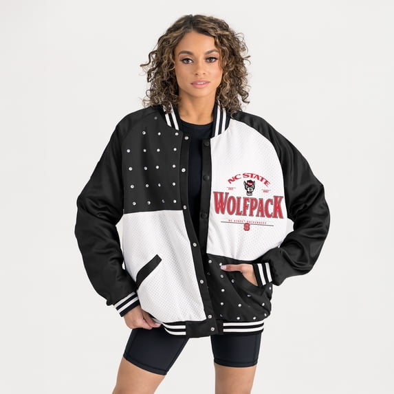 Women's Gameday Couture Black NC State Wolfpack Oversized Inner Drive Varsity Rhinestone Full-Snap Bomber Jacket