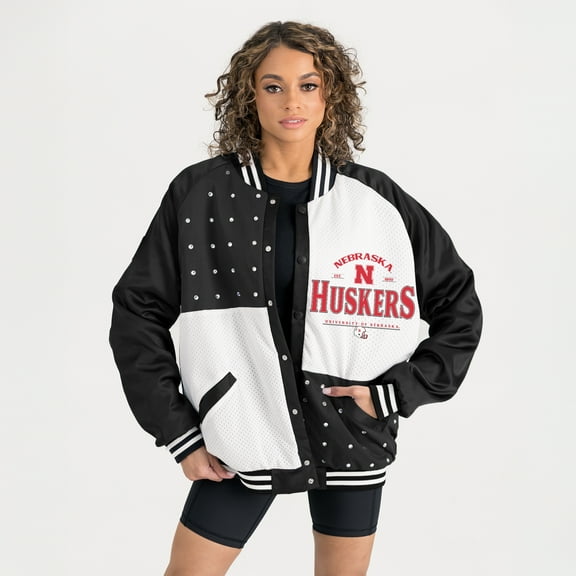 Women's Gameday Couture Black Nebraska Huskers Oversized Inner Drive Varsity Rhinestone Full-Snap Bomber Jacket