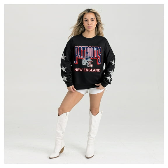 Women's Gameday Couture  Black New England Patriots Pure Victory Rhinestud Star-Sleeve Pullover Sweatshirt
