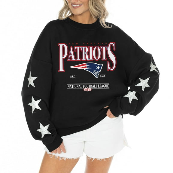 Women's Gameday Couture Black New England Patriots Rhinestone Star Sleeve Settle the Score Oversized Tri-Blend Pullover