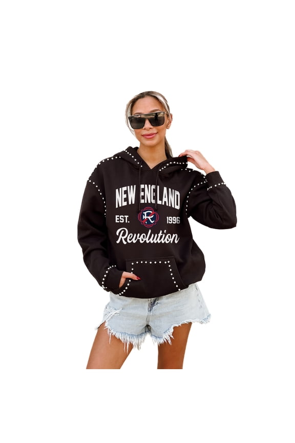 Women's Gameday Couture Black New England Revolution Catch the Vibe Studded Pullover Hoodie