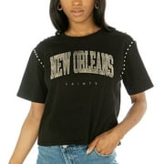 Women's Gameday Couture  Black New Orleans Saints Elite Elegance Studded Sleeve Cropped T-Shirt