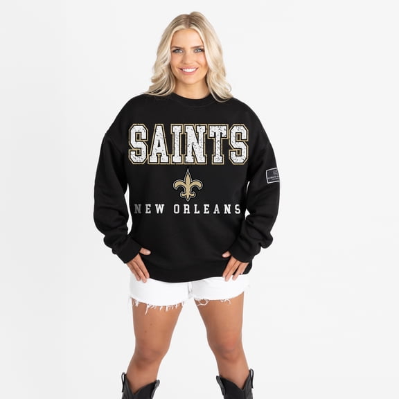 Women's Gameday Couture Black New Orleans Saints Oversized Level Up Black Label Premium Fleece Sweatshirt